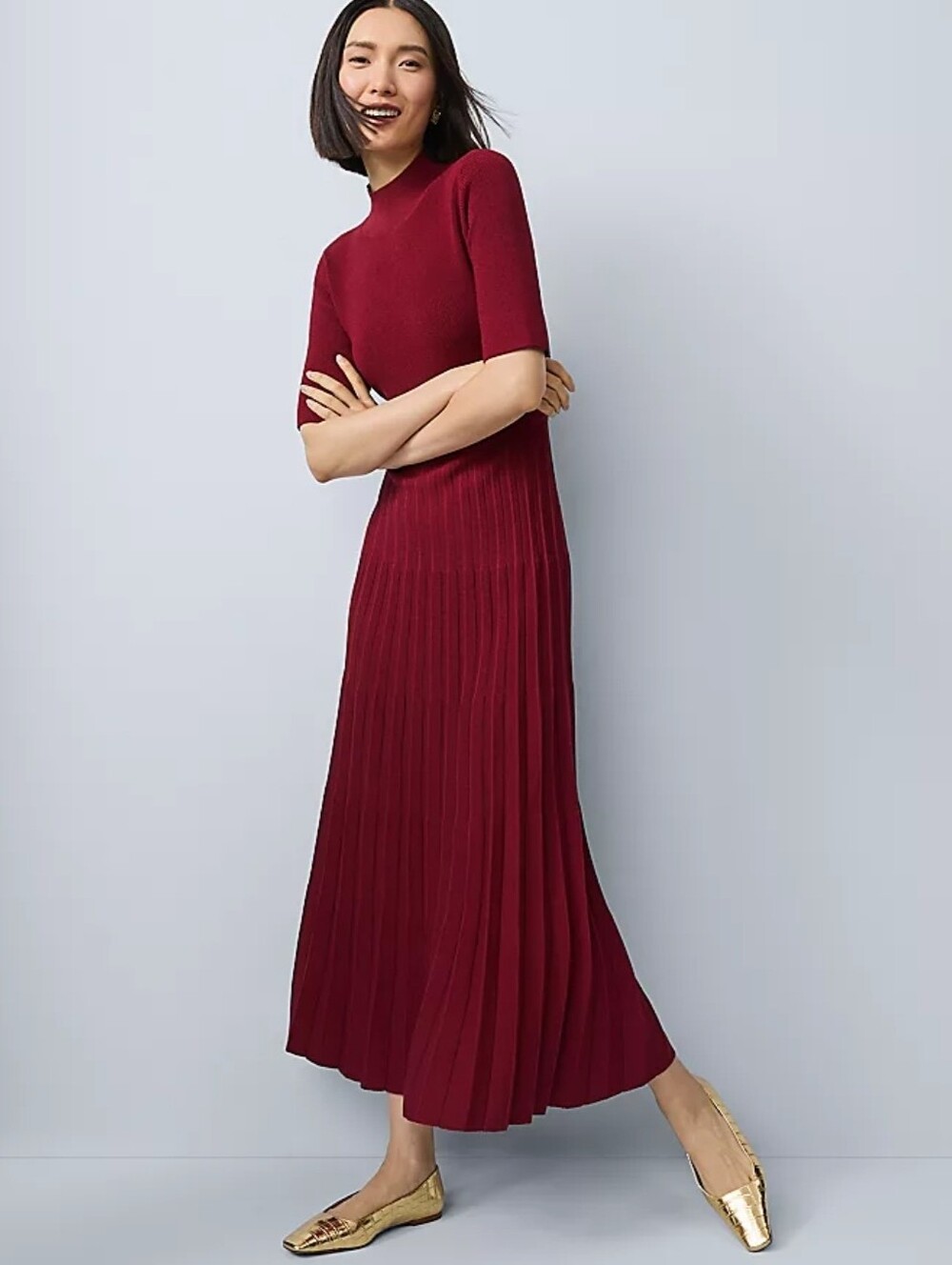 Ann Taylor Mock Neck Pleated Sweater Dress Burgundy Red Short Sleeve Party Dress
